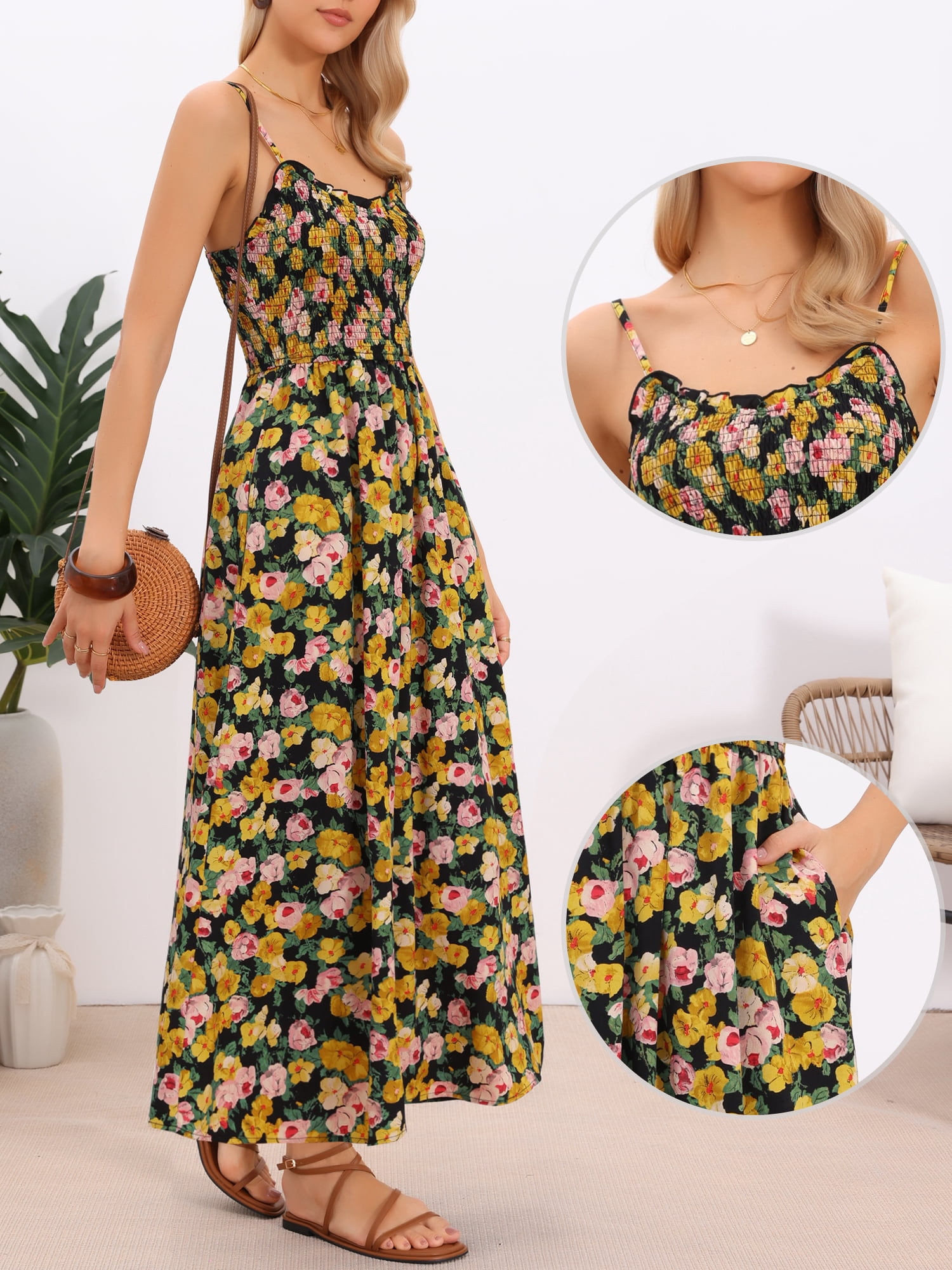 DARING DIVA Women's Boho Floral Maxi Spaghetti Strap V-Neck Sundress XS Black Yellow