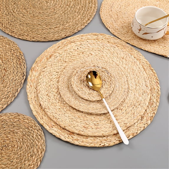 SPRING PARK Natural Handmade Straw Woven Placemat Wooden Round Braided Mat Heat Resistant Hot Insulation Anti-Skidding Pad Water Hyacinth Placemats