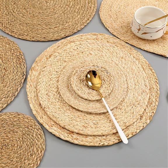 SPRING PARK Natural Handmade Straw Woven Placemat Wooden Round Braided Mat Heat Resistant Hot Insulation Anti-Skidding Pad Water Hyacinth Placemats