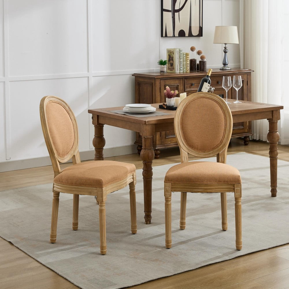 French Style Dining Chairs Set of 2, Solid Wood Upholstered Dining Room Chairs with Linen Fabric, Cushioned Backrest, Antique Finish, Tan