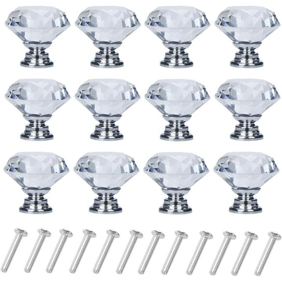 D-buy 12 Pack Drawer Knobs Diamond Shaped Crystal Glass 30mm Cabinet Knobs Pull Handles (Silver)