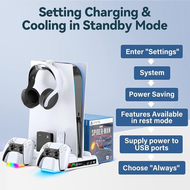 Navor for PS5 Stand with Cooling Fan & Dual Controller Charger, Vertical Dock with Suction Cooler, USB Hub, RGB Indicators, Game Storage, For PlayStation 5 Disc & Digital