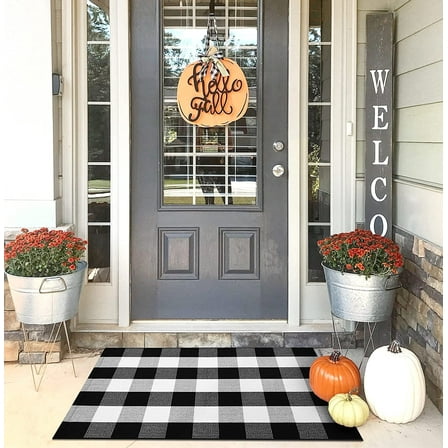 PK.ZTopia Cotton Buffalo Plaid Rug 27.5 x 43 Inches, Buffalo Check Rug, Black and White Check Rugs for Layered Door Mats Washable Carpet for Front Porch, Kitchen, Farmhouse, Entryway