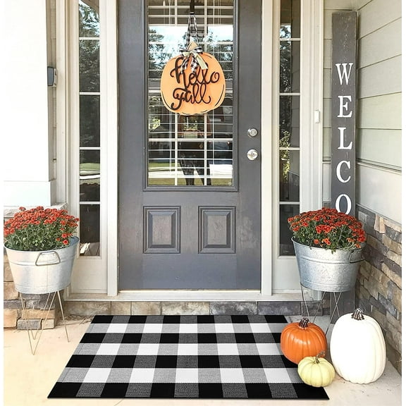 PK.ZTopia Cotton Buffalo Plaid Rug 27.5 x 43 Inches, Buffalo Check Rug, Black and White Check Rugs for Layered Door Mats Washable Carpet for Front Porch, Kitchen, Farmhouse, Entryway