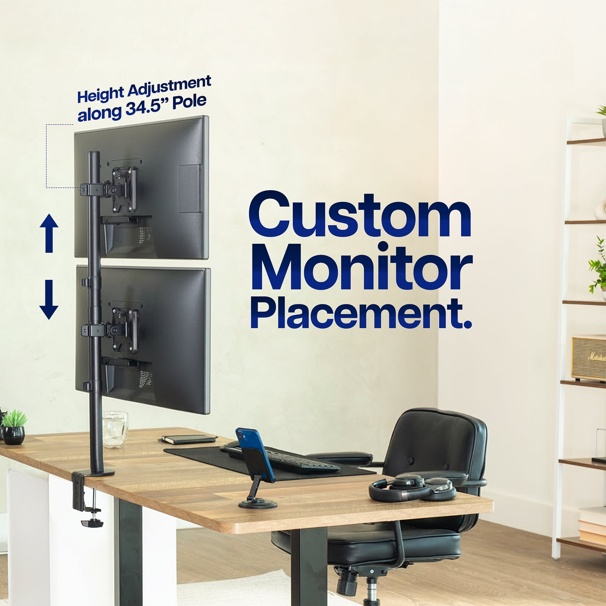Black Dual LCD Monitor Desk Mount Stand, Stacked Vertical 2 Screens up to 34"