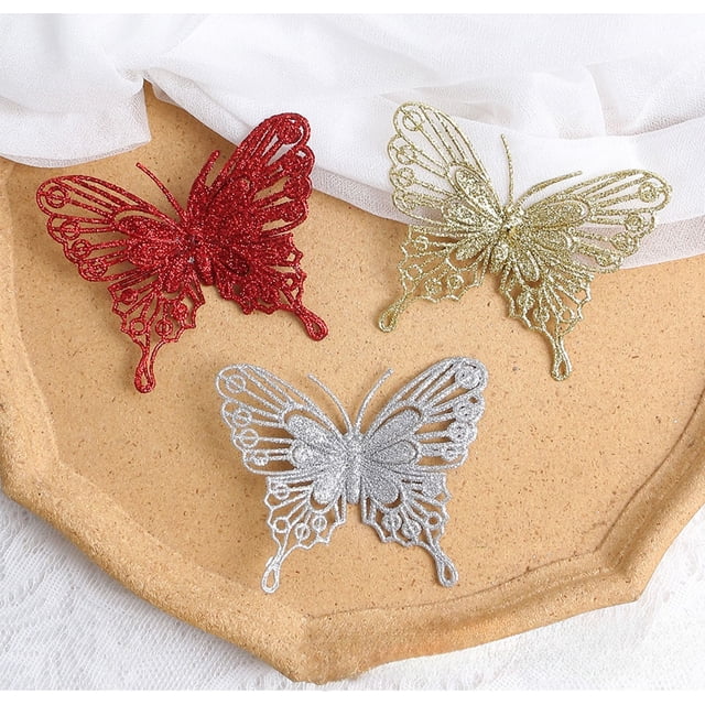 Fiudx Mariposas Huecas con Purpurina Dorada, Decoración para Árbol de Navidad y Boda, Versátiles para Cajas de Regalo, Ideal para Fiestas Navideñas, Elegante Juego de Adornos, 13 X 12 Cm.