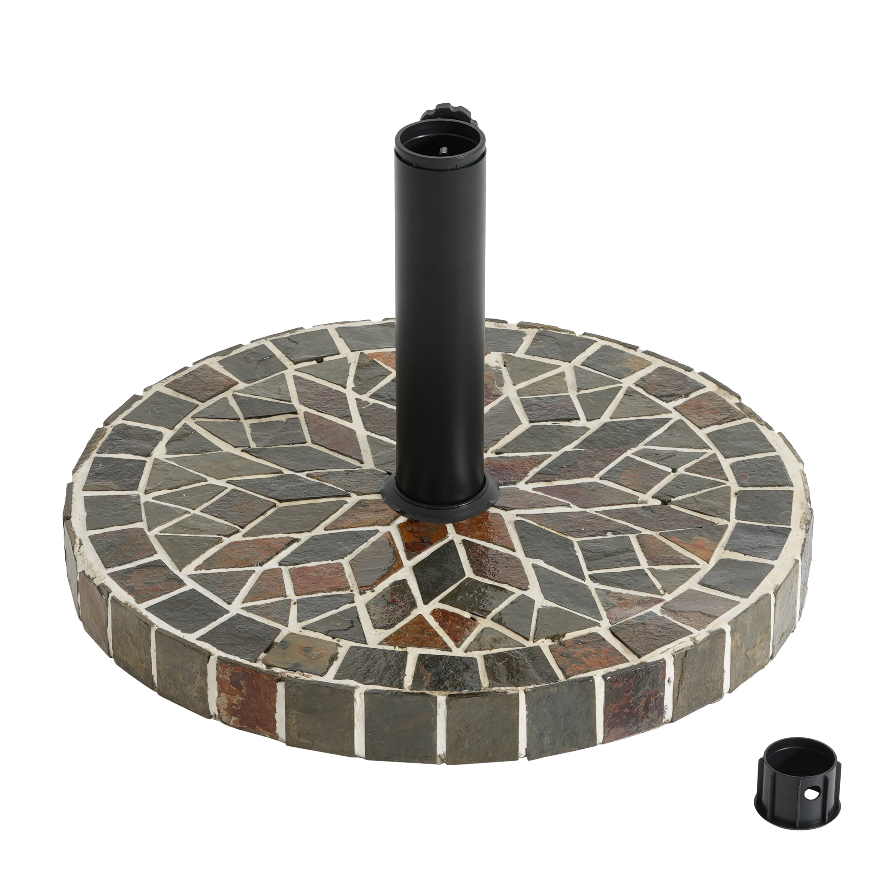 Umbrella Base with Ceramic Tile Mosaic and Concrete Fill, Round Patio Umbrella Stand and Outdoor Shade Base with Iron Pole, Mixed Color