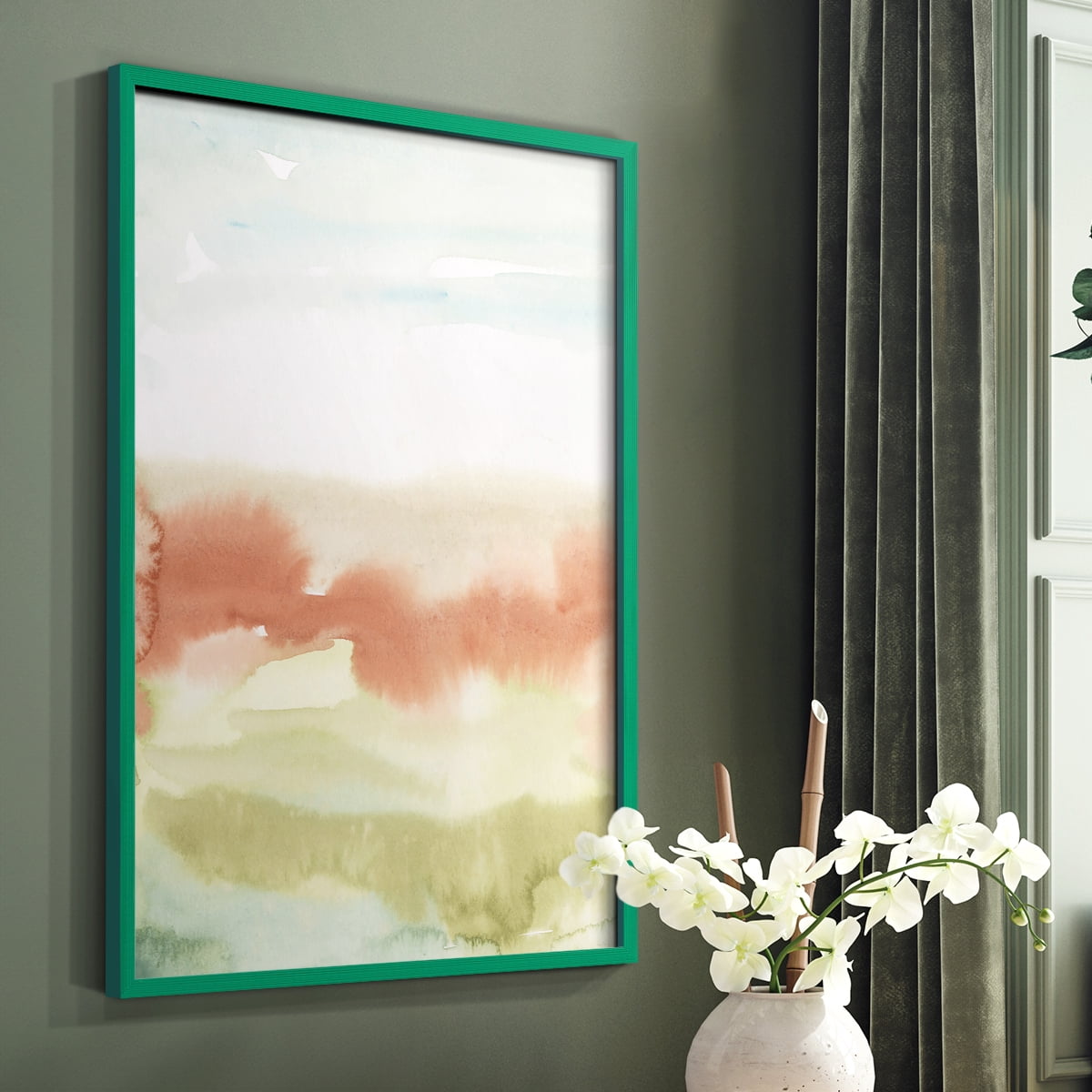 Blushing Sunrise I Framed Print in Green Solid Wood Framed Print No Nail Hanging