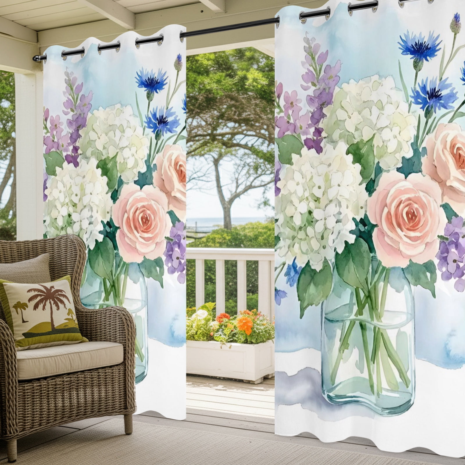 Hydrangea Flowers Lavender Rose Outdoor Curtains for Patio, Bouquet Farmhouse Sunshade Privacy Drapes Grommet Waterproof Outside Curtains for Porch/Cabana/Balcony 54"x 108", 1 Panel