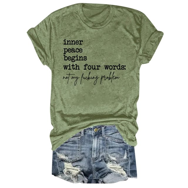 iTNHFP Womens Summer Clothes Women With Four Words Lettering Printed Right Shoulder Round Neck Short Sleeve T Shirt Top