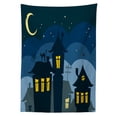 thumbnail image 3 of Ambesonne Halloween Tablecloth Rectangular Table Cover, Cartoon Town with Cat, 52"x70", Black Yellow Blue, 3 of 4