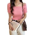 thumbnail image 1 of Camiseta de punto Mujer Top de manga corta con cuello cuadrado Camiseta delgada de color sólido, rosa seitruly AP001600-05B, 1 of 7