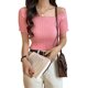 thumbnail image 1 of Camiseta de punto Mujer Top de manga corta con cuello cuadrado Camiseta delgada de color sólido, rosa Sweethay AP001600-05B, 1 of 7
