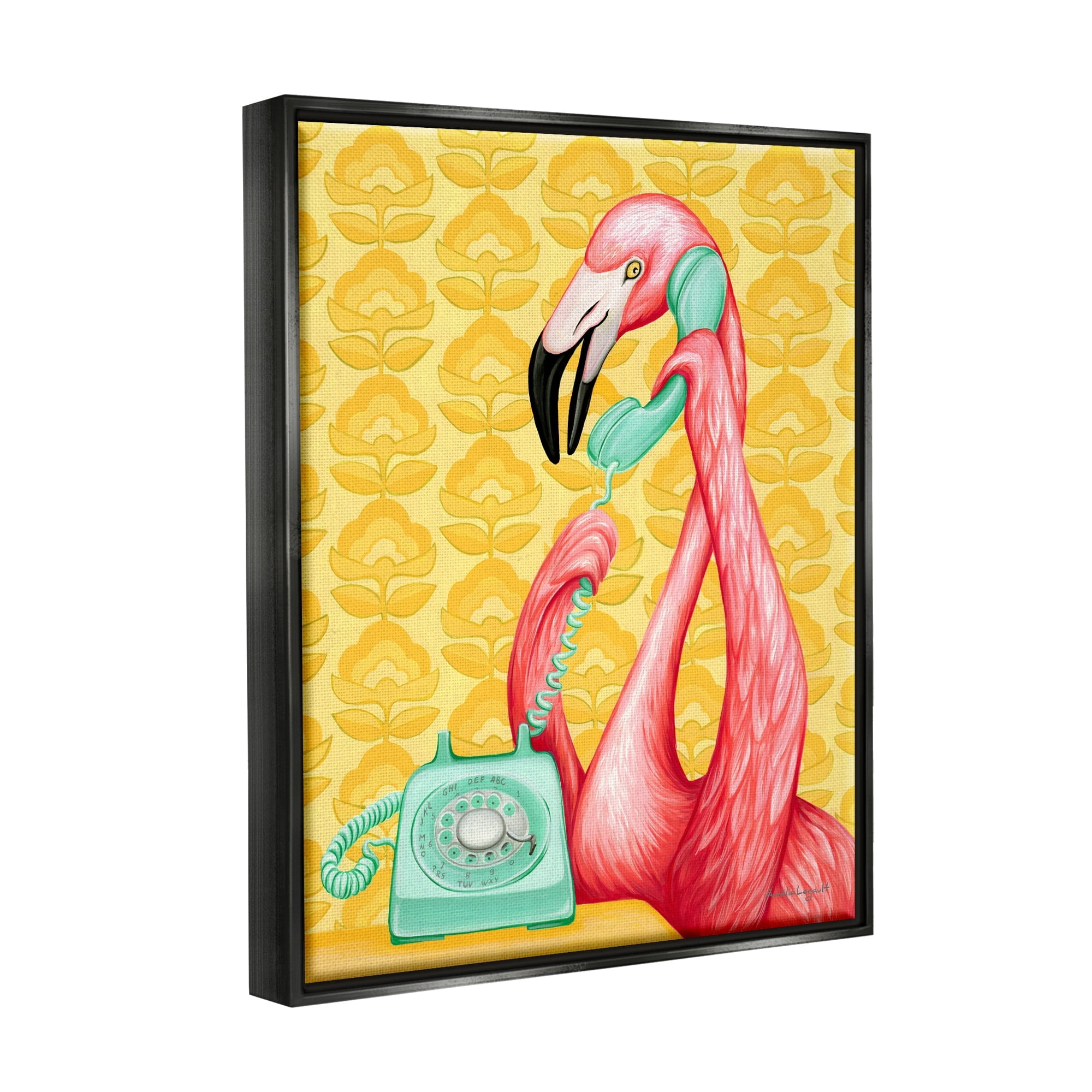 Stupell Industries Flamingo Calling Dial Telephone Groovy Flowers Wallpaper Graphic Art Jet Black Floating Framed Canvas Print Wall Art, Design by Amelie Legault