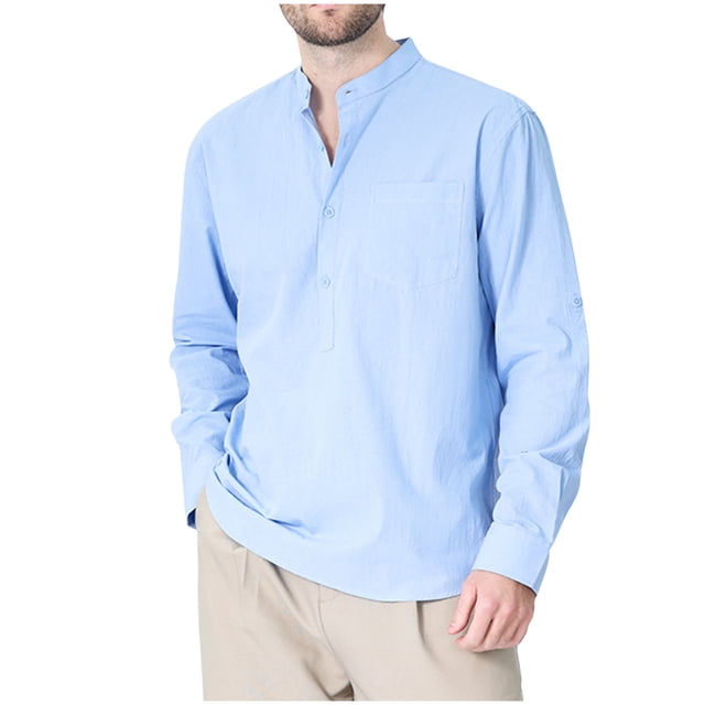 AherBiu Mens Cotton Linen Shirts Long Sleeve Button down Stand Collar Lightweight Casual Tees Tops
