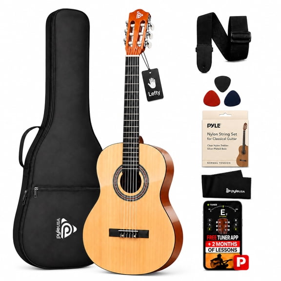 Pyle Left-Handed 3/4 Size Beginner Acoustic Guitar Kit – 36” All Wood Junior Guitar with Case, Strap, Picks, Tuner App & 2-Month Lessons (Natural Gloss)