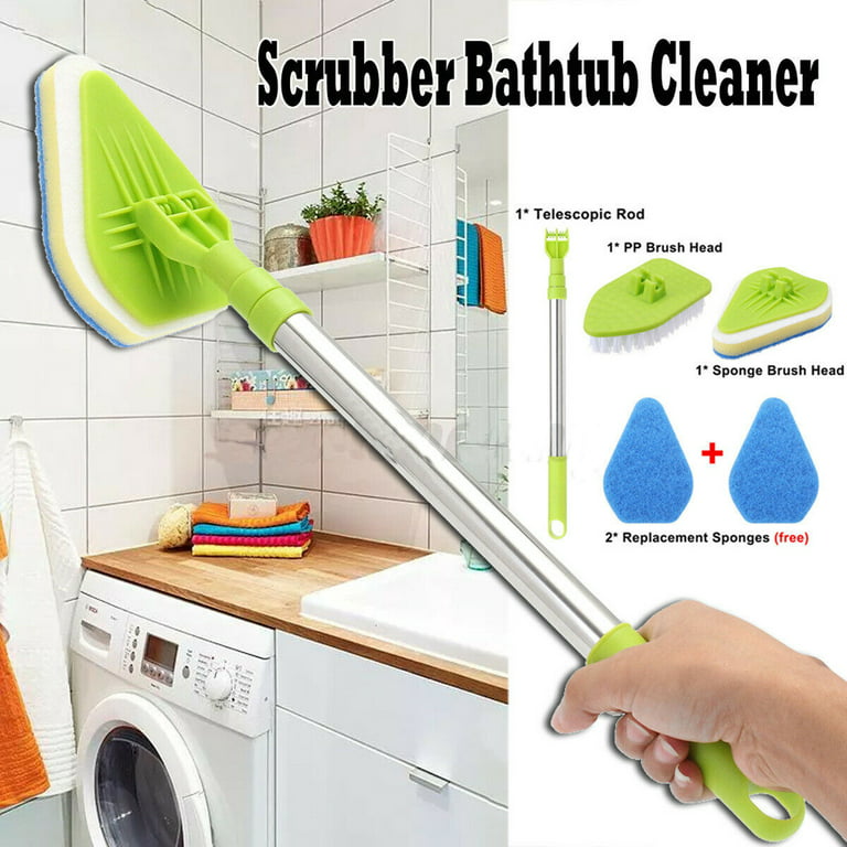3 in 1 Tile Tub Shower Scrubber,Cleaning Brush with 58 Long Handle,Detachable Stiff Bristle Scrub Brush-3 Scouring Pads, 2 Brush Heads for Bathroom