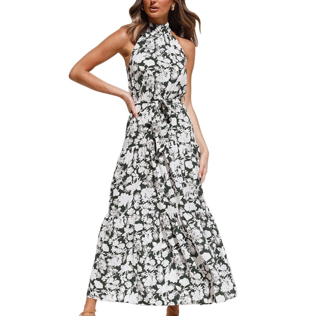 Women's Sleeveless Halter Neck Boho Floral Print Backless Flowy Beach Long Maxi Belted Dresses with Pockets