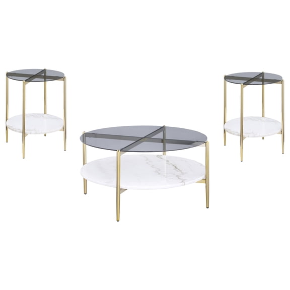 Jonelle 3-piece Round Coffee and End Table Set Smoke and Gold