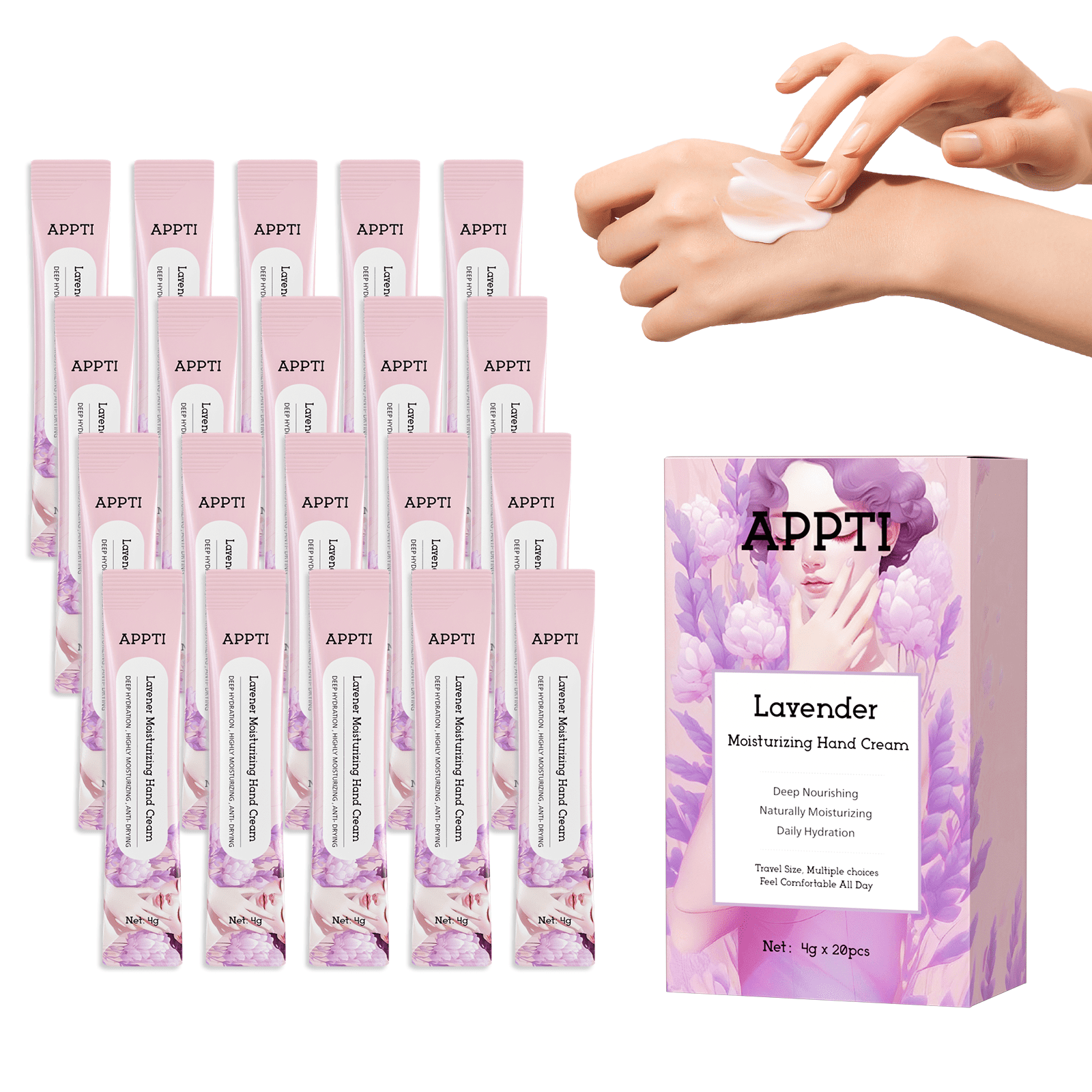Single Pack Lavender Extract Hand Moisturizer, 4g Individually Wrapped Hand Cream Bulk 20 Pack, Natural Nourishing Hand Lotion for Dry Hands, Mini Travel Hand Cream Gift for Daily Office Outdoor Use