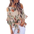 thumbnail image 1 of Langwyqu Womens Cold Shoulder Blouse Bell Sleeve Tie Knot Casual Summer Shirt, 1 of 2