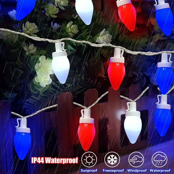 JINYUN-25Ft Red White and Blue Lights C7 4th of July Light Outdoor 25 LED Shatterproof Lights, Plug in Patriotic Decorations String Light for Independence Day Memorial Day Christmas Fourth of July De
