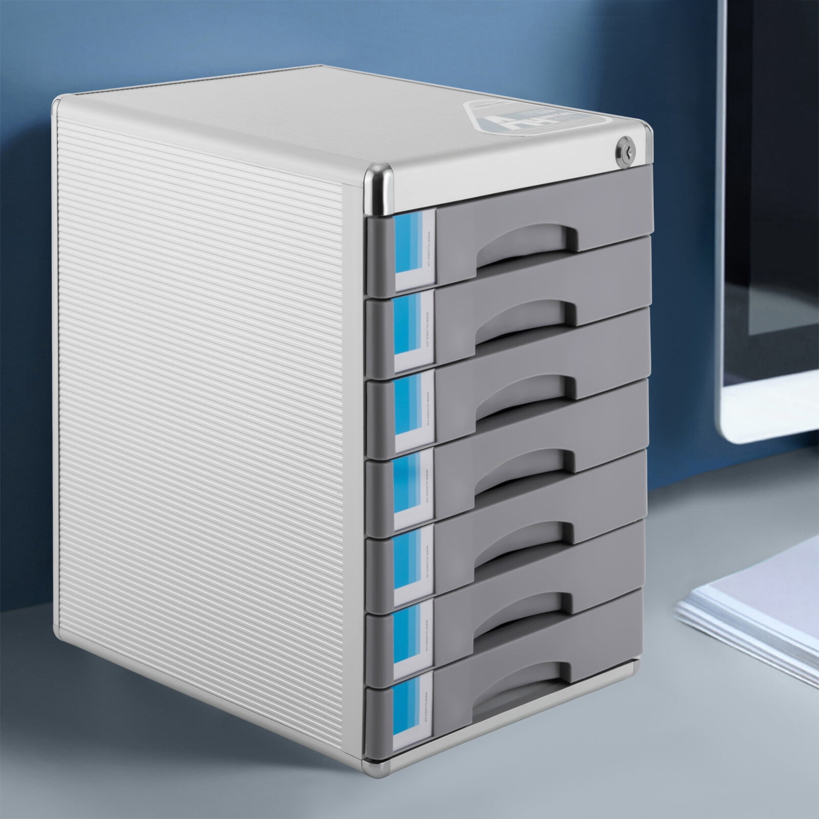 Office Filing Cabinet 7 Drawer Aluminum Alloy File Cabinet With Lock, Grey