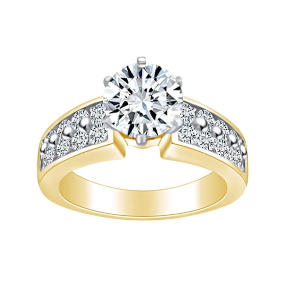 AFFY 2 Carat (Cttw) Round Shape White Natural Diamond Two Row Solitaire Engagement Ring In 14k Solid Yellow Gold Ring Size-5