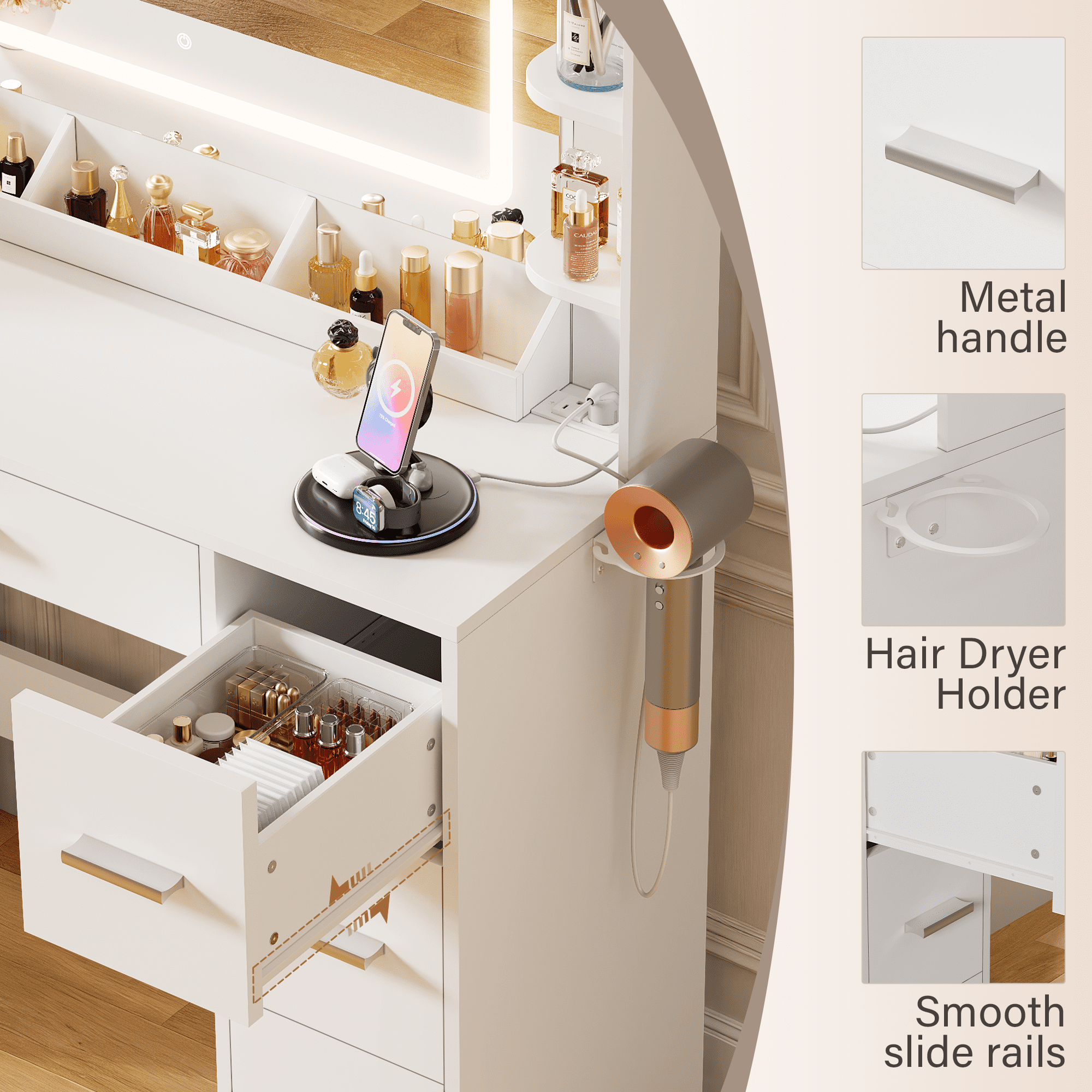 Furmax Makeup Vanity Desk with LED Mirror, Modern Vanity Table Set with Storage & Power Outlet for Bedroom & Dressing Room, White