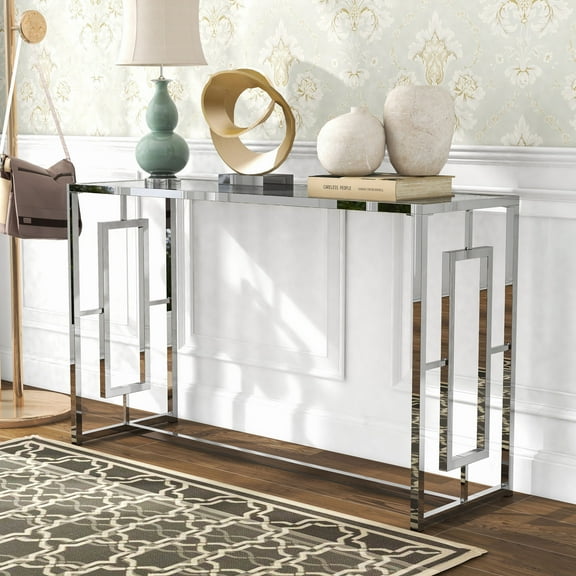 Furniture of America Kora Water Ripples Pattern Glass Top and Metal Chrome Sofa Table
