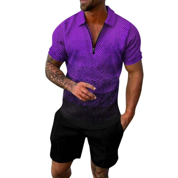 Ketyyh-chn99 Sweatsuits for Men Tracksuit Set Short Sets Outfits 2 Piece Summer Tracksuit Short Sleeve T Shirt and Shorts Set Purple,2XL