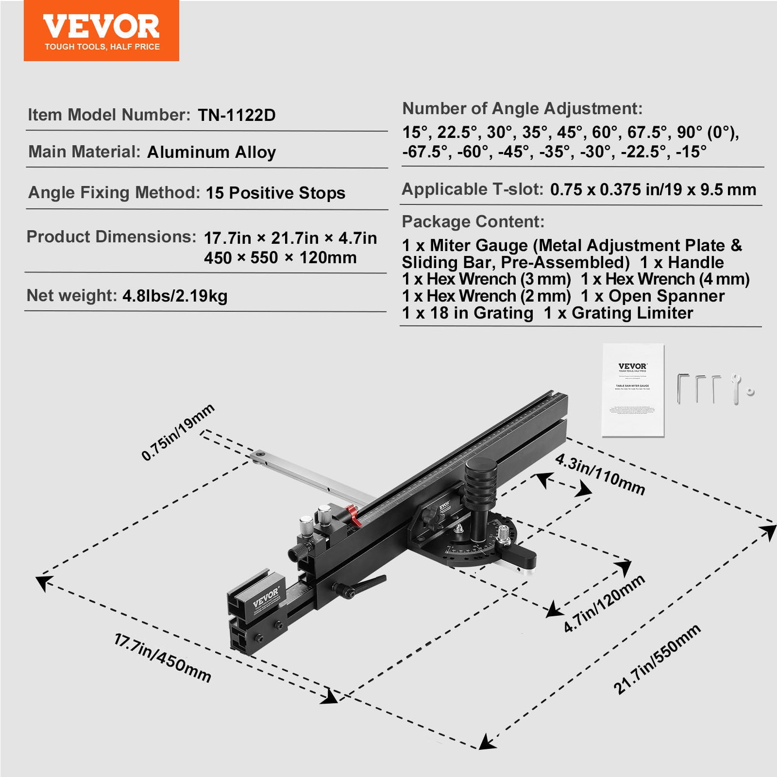 VEVOR Precision Miter Gauge, Standard Slot 3/4'' x 3/8'',Aluminum Alloy Table Saw Miter Gauge with 19-35 in Grating 15 Angle Stops Adjustable Spring Loaded Plunger and Removable Disc, for Woodworking