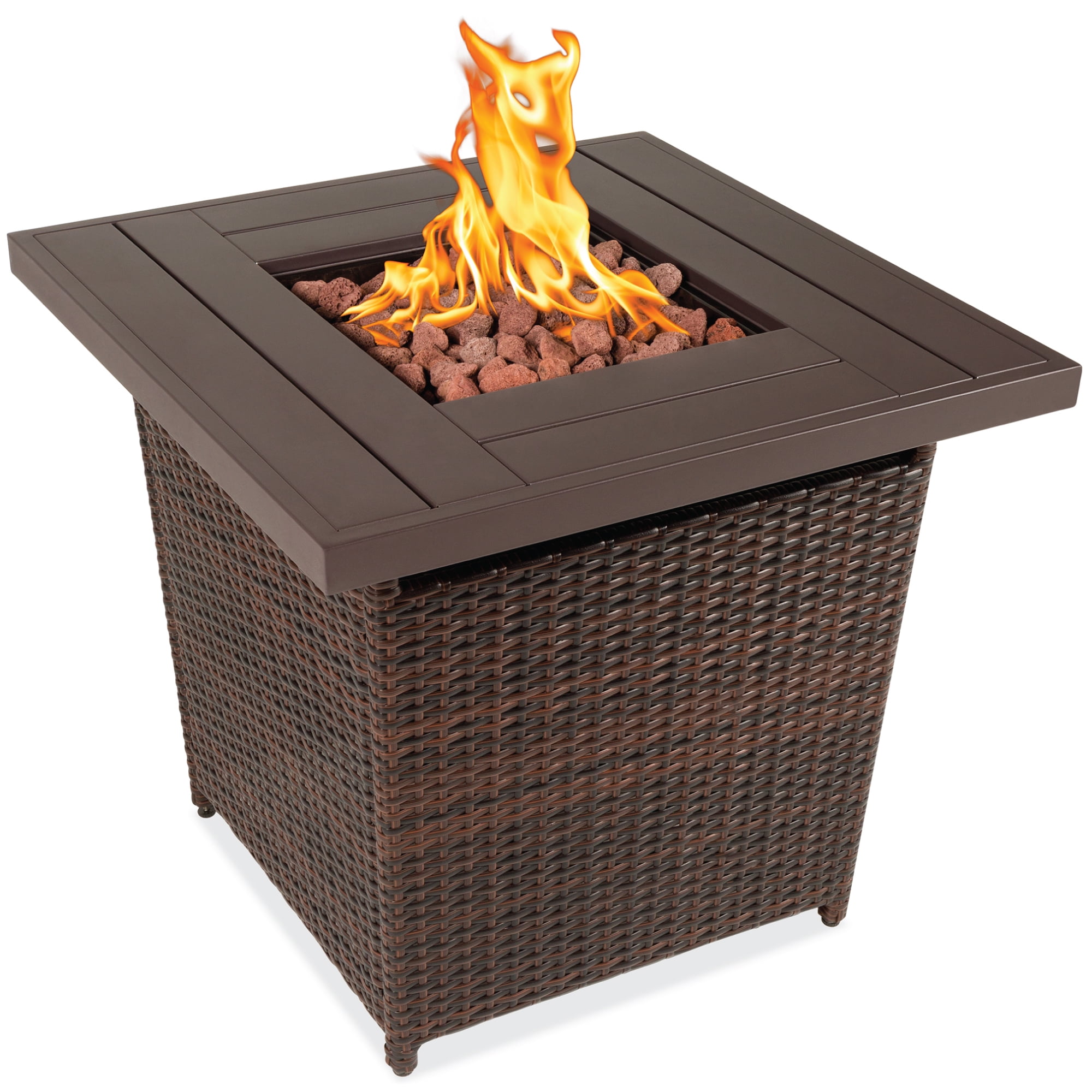 Best Choice Products 28in Fire Pit Table 50,000 BTU Outdoor Wicker Patio w/ Lava Rocks, Cover, Tank Holder Brown
