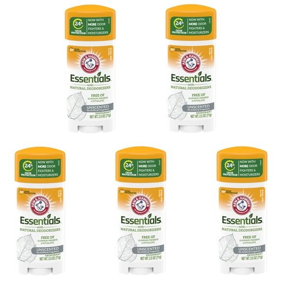 5 Pack Arm & Hammer Essentials Deodorant Solid, Unscented 2.5 Ounce Each