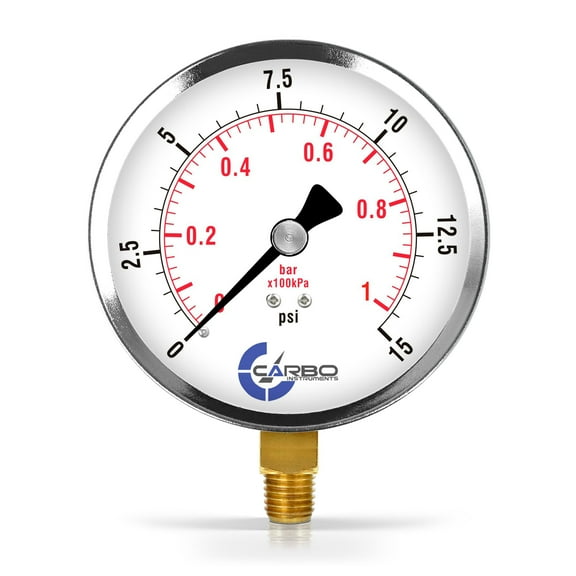 CARBO Instruments 4" Pressure Gauge, Chrome Plated Steel Case, Dry, 0-15 psi/kPa, Lower Mount 1/4" NPT