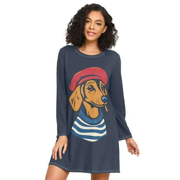 FORMRS Womens Long Sleeve Nightgowns Crew Neck Sleep Shirt Soft Pajamas Sizes S-3XL, Blue Dog Artist