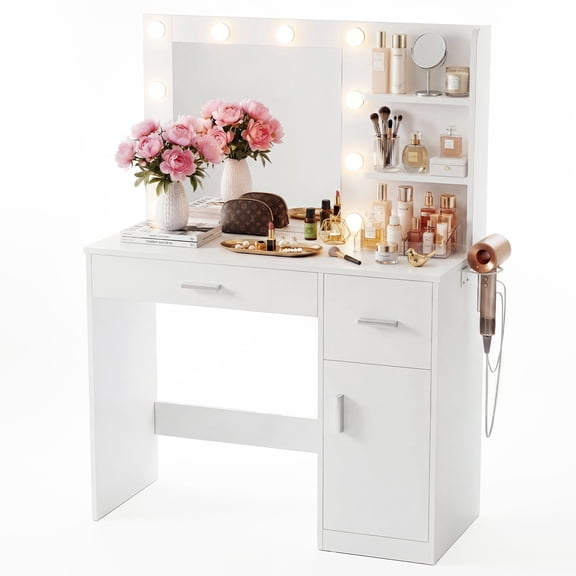 Vineego Makeup Vanity Desk with Mirror, Vanity Set with Charging Outlets and LED Lights, Vanity Table with Storage Shelves Drawers and Cabinet for Bedroom Dressing Room, White