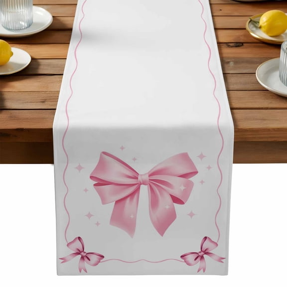 Cute Pink Bow Table Runner, Pink Ribbon Day Mother's Day Valentine's Day Washable Kitchen Table Runners Dress Scarves for Dining Table Decorations Party, 18x72in