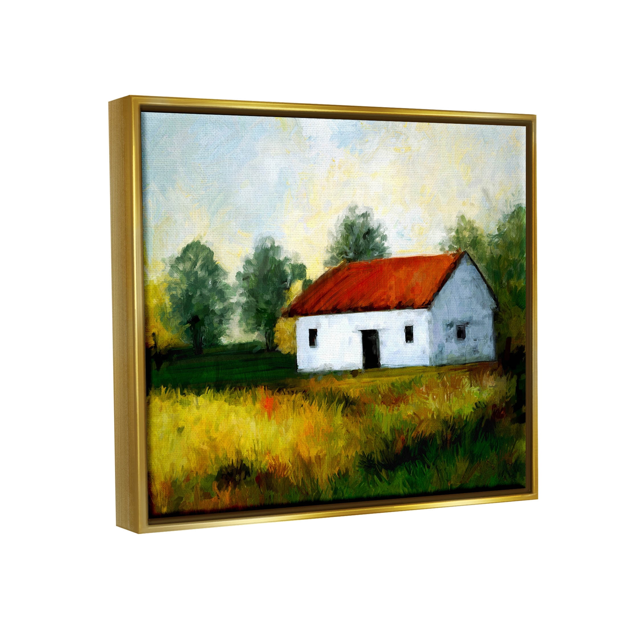 Stupell Industries Countryside Meadow Cottage Landscape Painting Metallic Gold Floating Framed Canvas Print Wall Art, Design by Ziwei Li