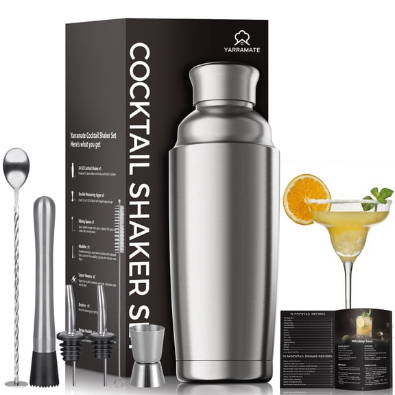 YARRAMATE 8PCS 24oz Hybrid Vacuum Insulated Cocktail Shaker Set with Strainer, Premium Double Wall Stainless Steel Martini Shaker for Home Bar Bartending with Leakproof Seal, 25 Recipes,Gift Set