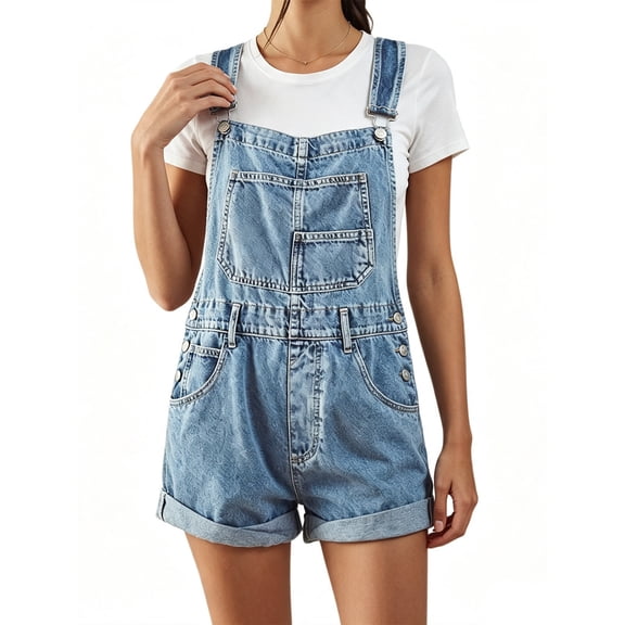 Womens Overalls Shorts Denim Bib Straps Shorts Casual Solid Color Rompers Jumpsuits With Pockets Pants