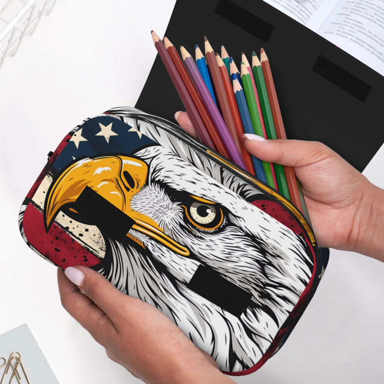 Rateoe American Bald Eagle Pattern Double Clamshell Pen Case, Storage Organizer with Two Zipper Compartments– Holds Up to 50 Pencils & Pens