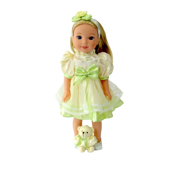 Yellow and Green Silk Dress with Bear made for 14 inch dolls