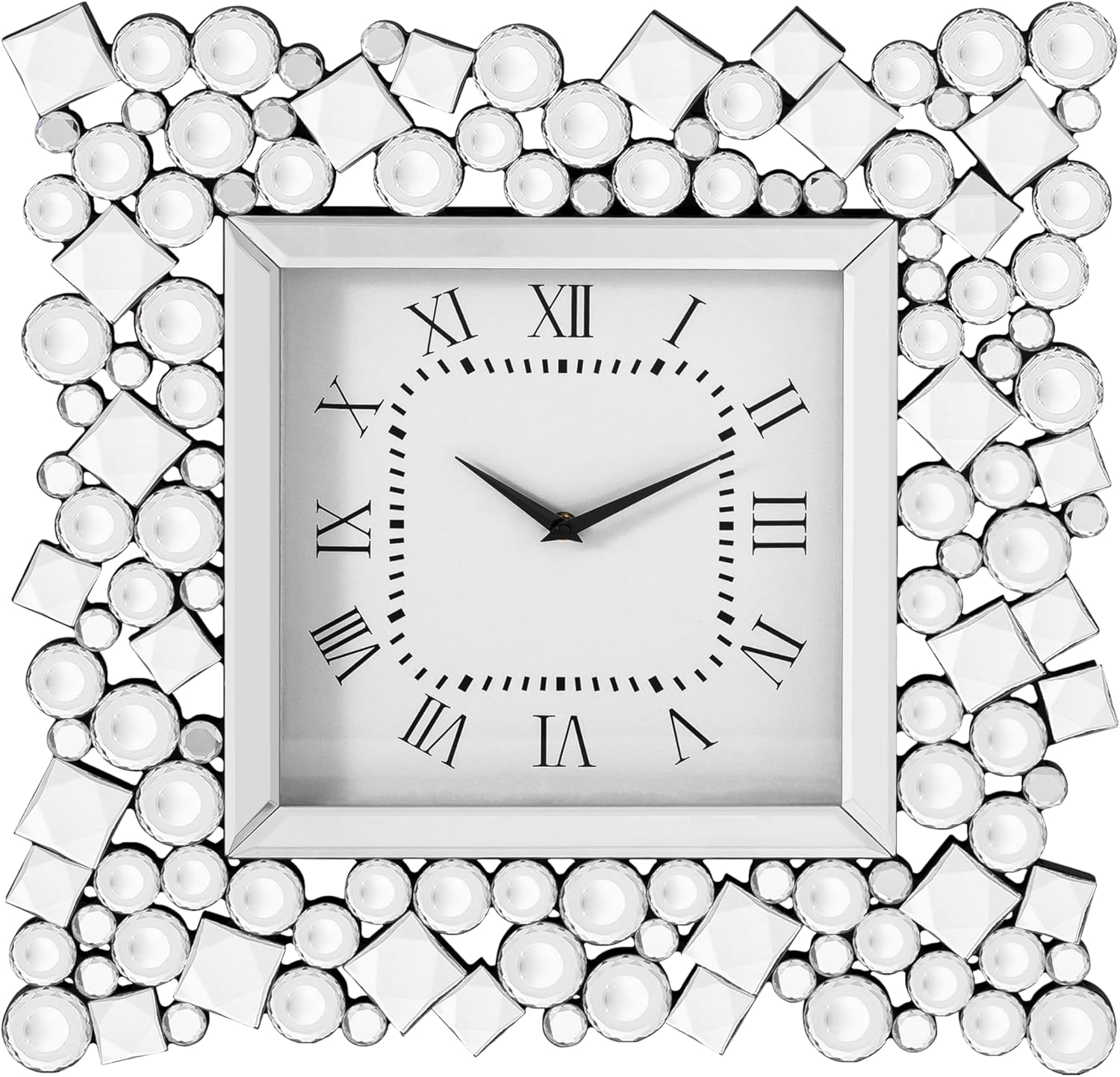 SHYFOY 20" Crystal Wall Clock, Modern Square Mirror Wall Clock with Roman Numerals, Silent Non-Ticking Luxury Wall Decor for Living Room Bedroom Office