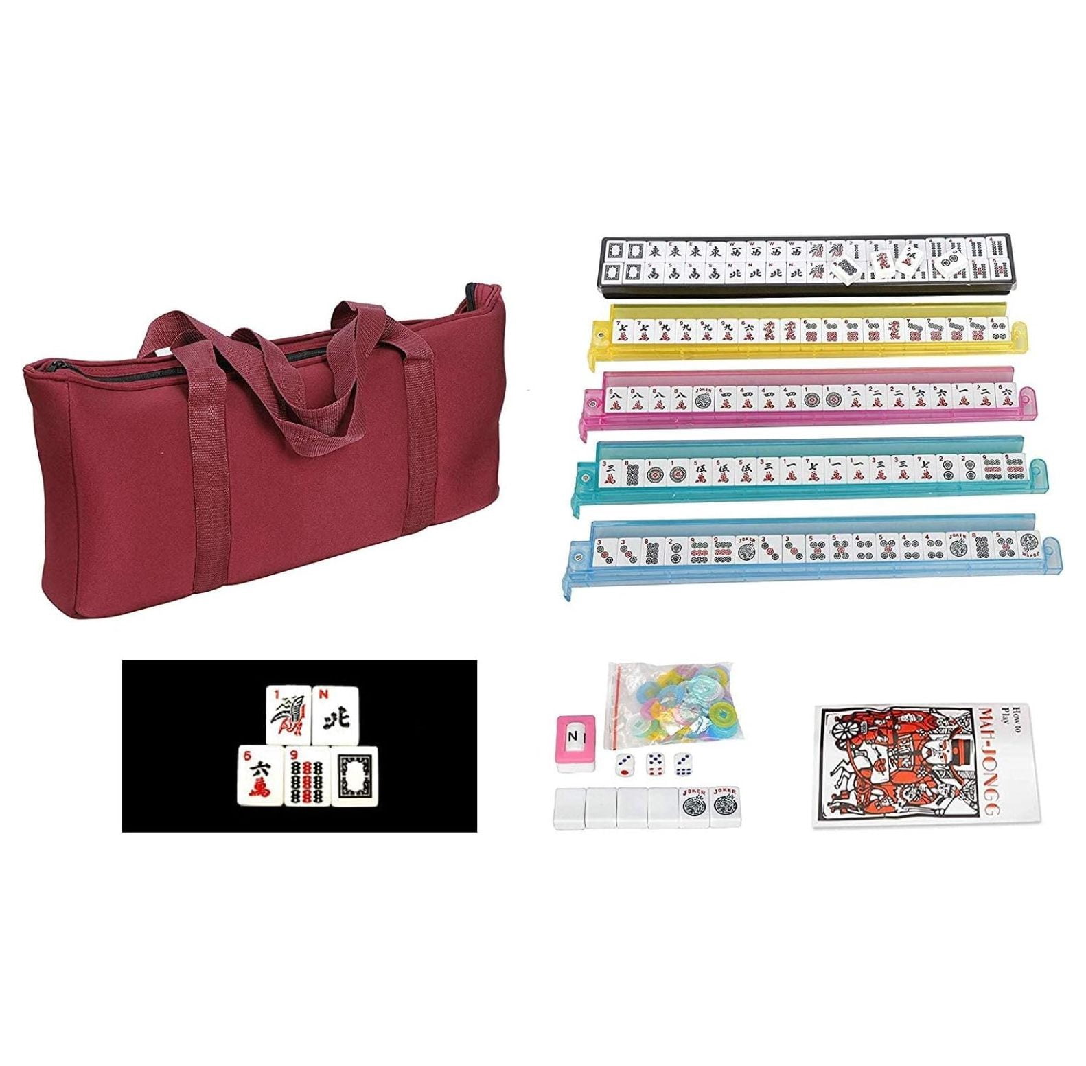 American Mahjong Set - Red Burgundy Soft Bag - 166 White Engraved Tiles, 4 All-in-One Rack/Pushers Western Mah Jongg Game Set