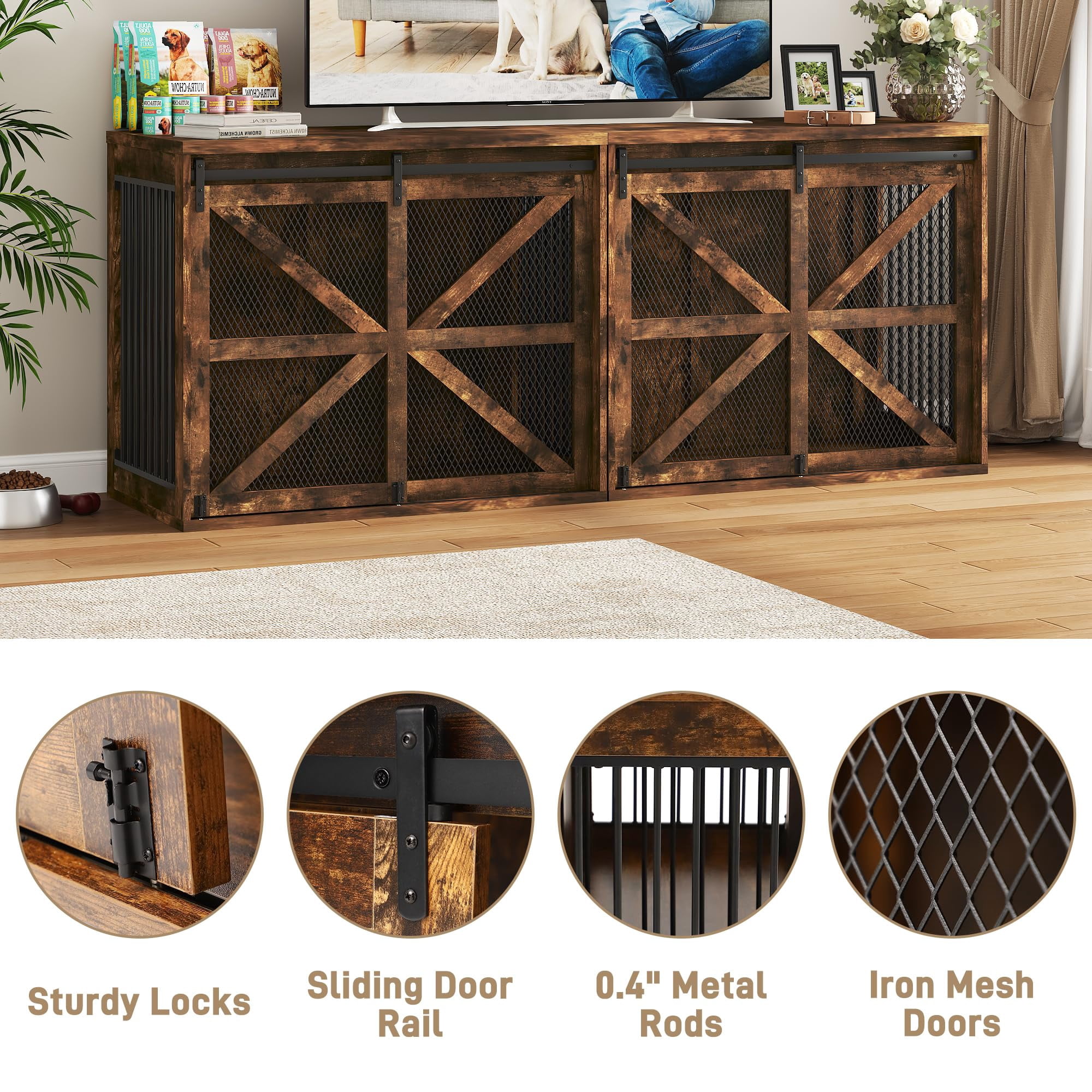 Blotout 43.3" Farmhouse Dog Crate Furniture, Wooden Dog Crate Furniture with Sliding Metal Mesh Barn Door, Solid Metal Tube & 2 Lockable Doors, XL Rustic Brown