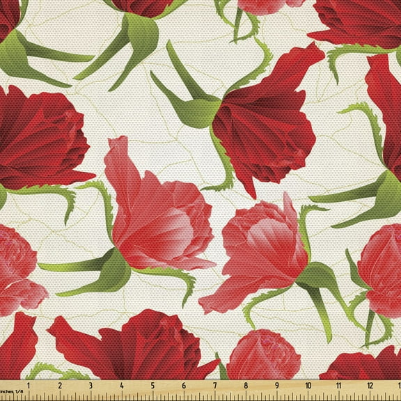 Ambesonne Floral Fabric by the Yard Upholstery, Romantic Rose Nature Art, 10 Yards, Dark Coral and Olive Green