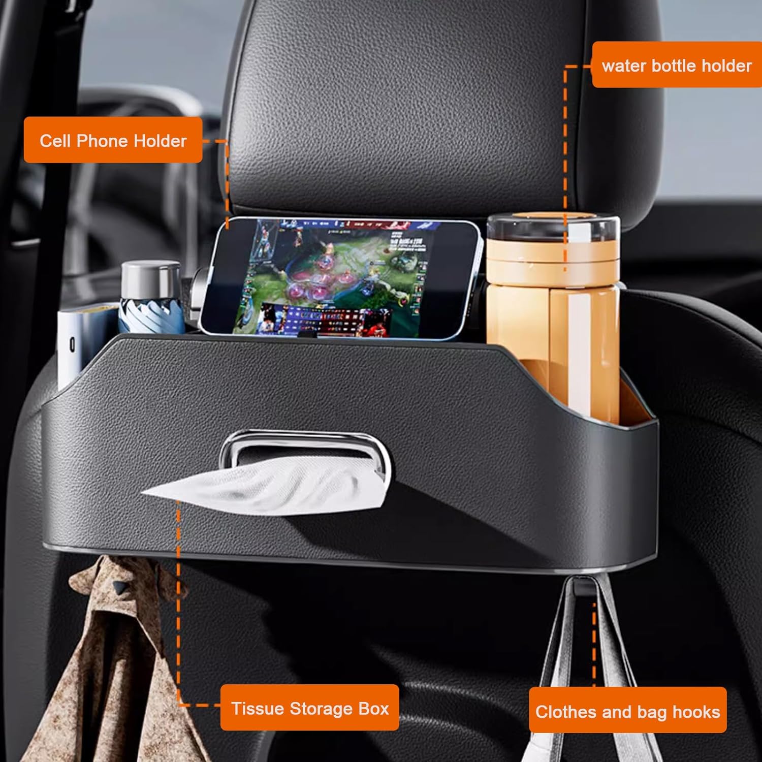 CEDQ Car Seat Back Organizer - Stylish & Functional Storage for Family Adventures - Cup Holders, Tissue Box & Hooks - Car Interior Accessories Perfect for Kids, Road Trips & Travel (Black)