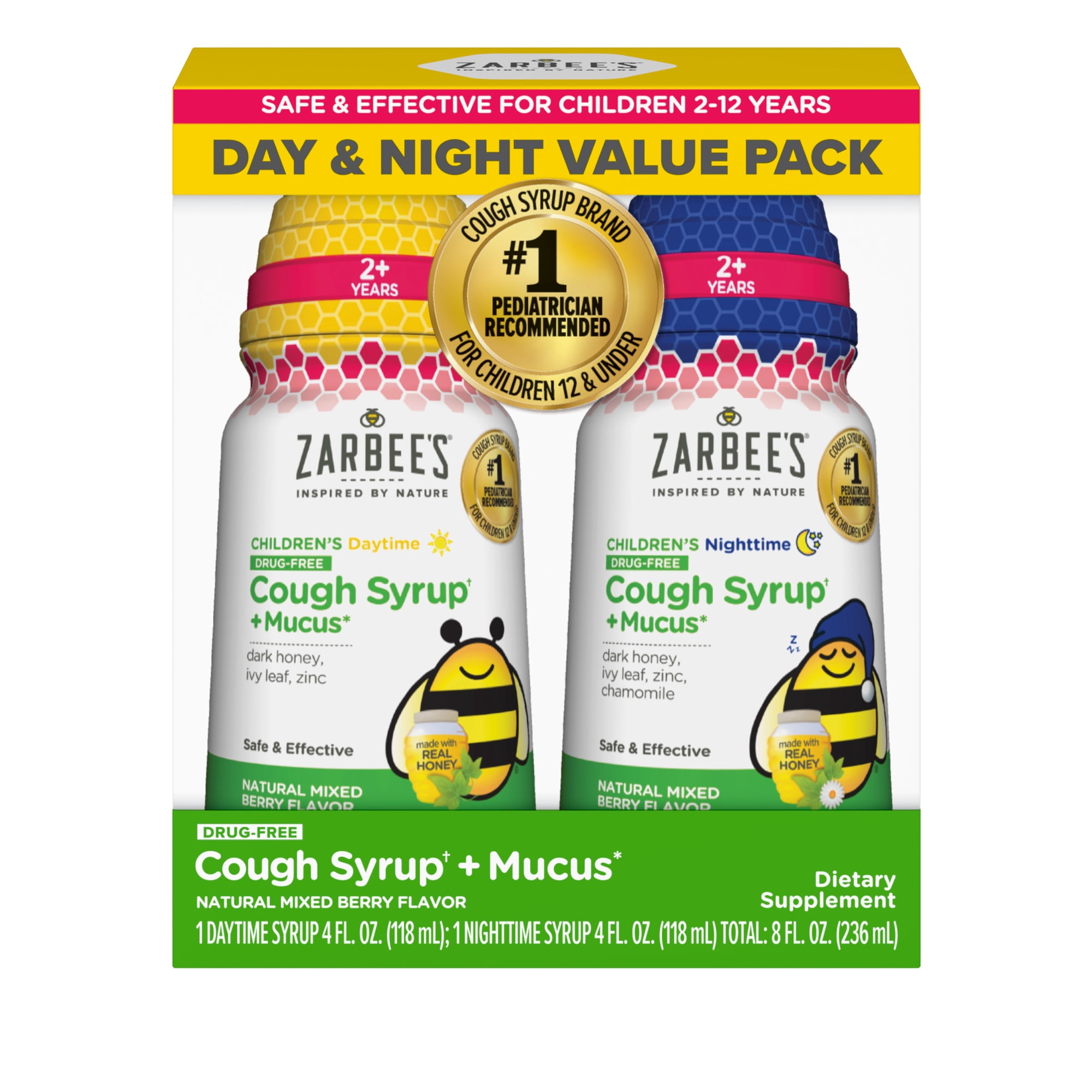 Kids Zarbee’s Cough + Cold Mucus Day and Night Value Pack, Honey, Ivy Leaf, 2x 4 fl. oz.