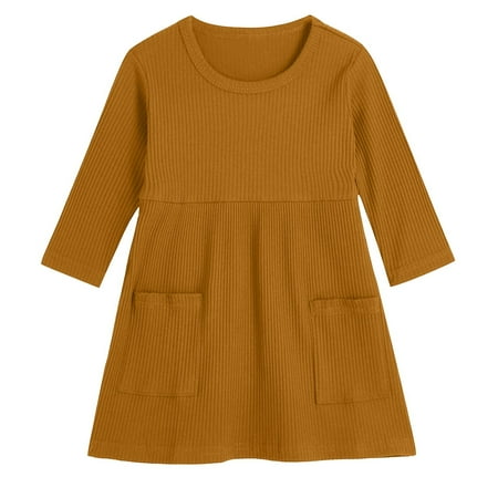 Generic Girls Ribbed Knit Dress Plain Soft Stretchy Long Sleeve Pullover Dresses Kids Toddler Fall Pockets Cotton Dress